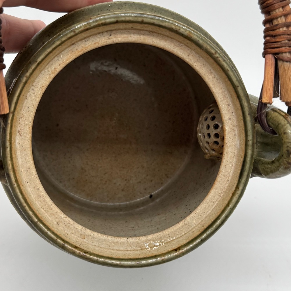 Vintage Japanese Studio Pottery Teapot 3 Cup Set Wabi Sabi Reed Cane Handle - Picture 5 of 12